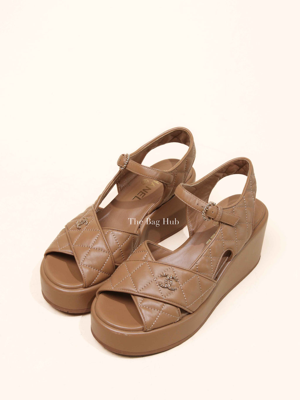 Chanel Beige Lambskin Quilted CC Platform Sandals Size 37.5