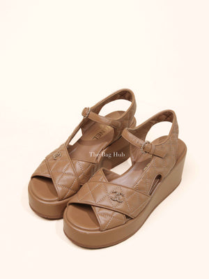 Chanel Beige Lambskin Quilted CC Platform Sandals Size 37.5
