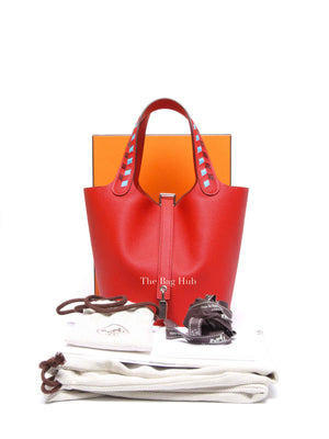 Hermes Rouge Coeur/Bleu Du Nord/Rouge H Epsom Tressage De Cuir Picotin Lock 18 PM