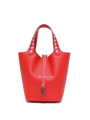Hermes Rouge Coeur/Bleu Du Nord/Rouge H Epsom Tressage De Cuir Picotin Lock 18 PM