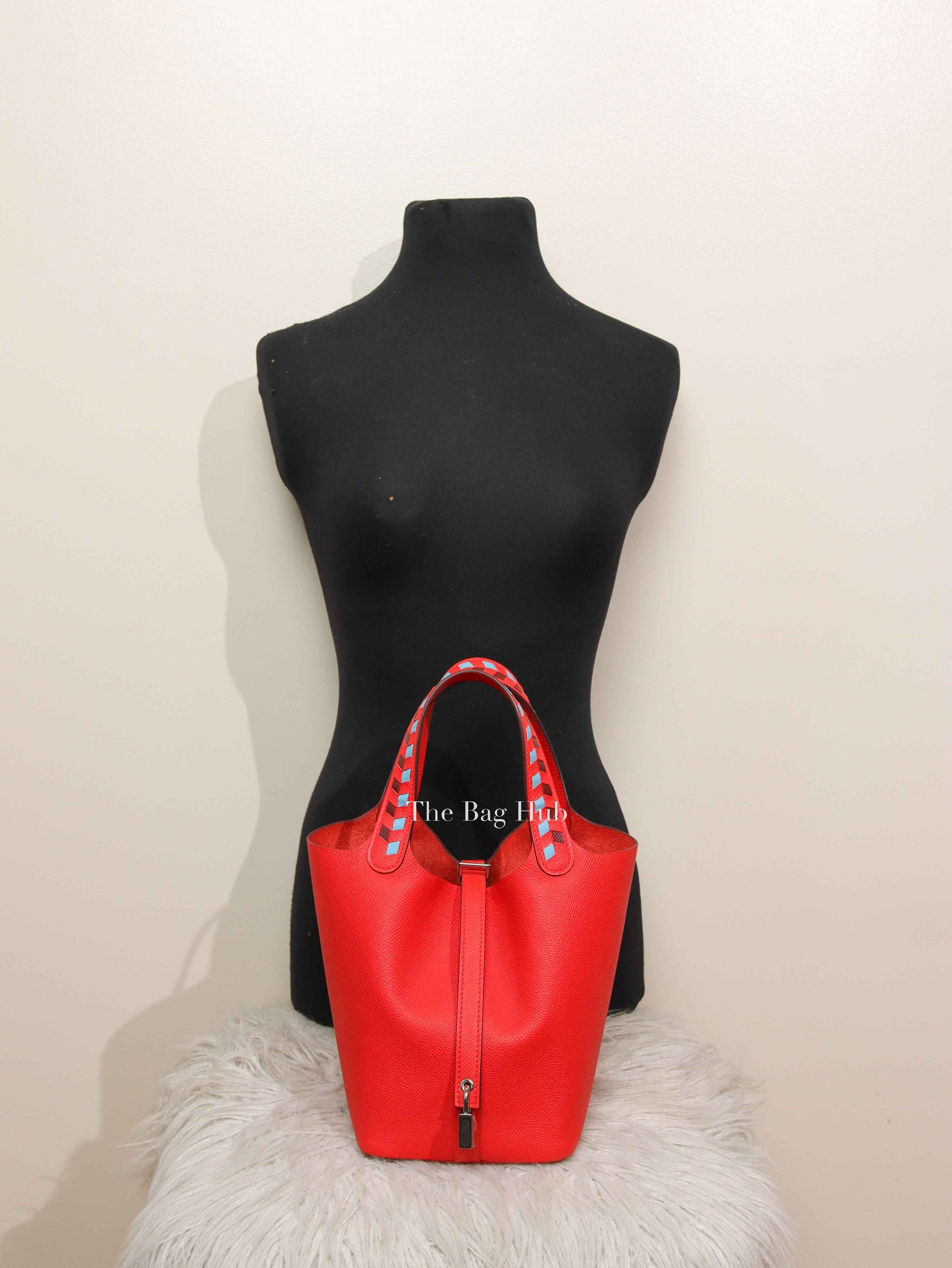 Hermes Rouge Coeur/Bleu Du Nord/Rouge H Epsom Tressage De Cuir Picotin Lock 18 PM