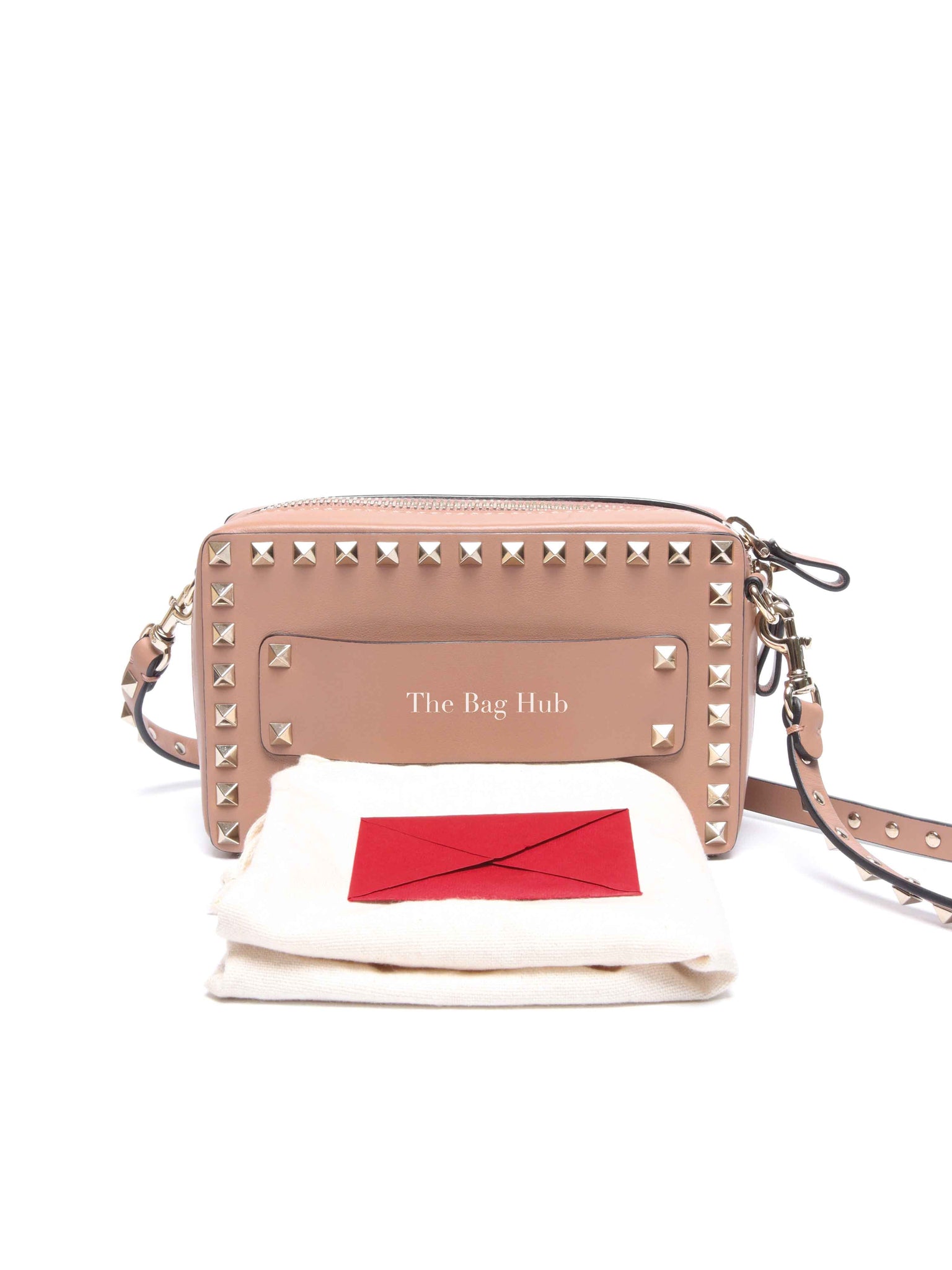 Valentino Beige/Pink Calfskin Rockstud Camera Clutch Crossbody Bag