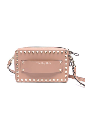 Valentino Beige/Pink Calfskin Rockstud Camera Clutch Crossbody Bag
