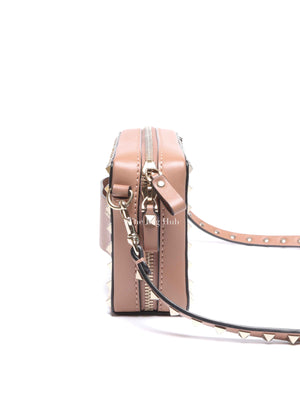 Valentino Beige/Pink Calfskin Rockstud Camera Clutch Crossbody Bag