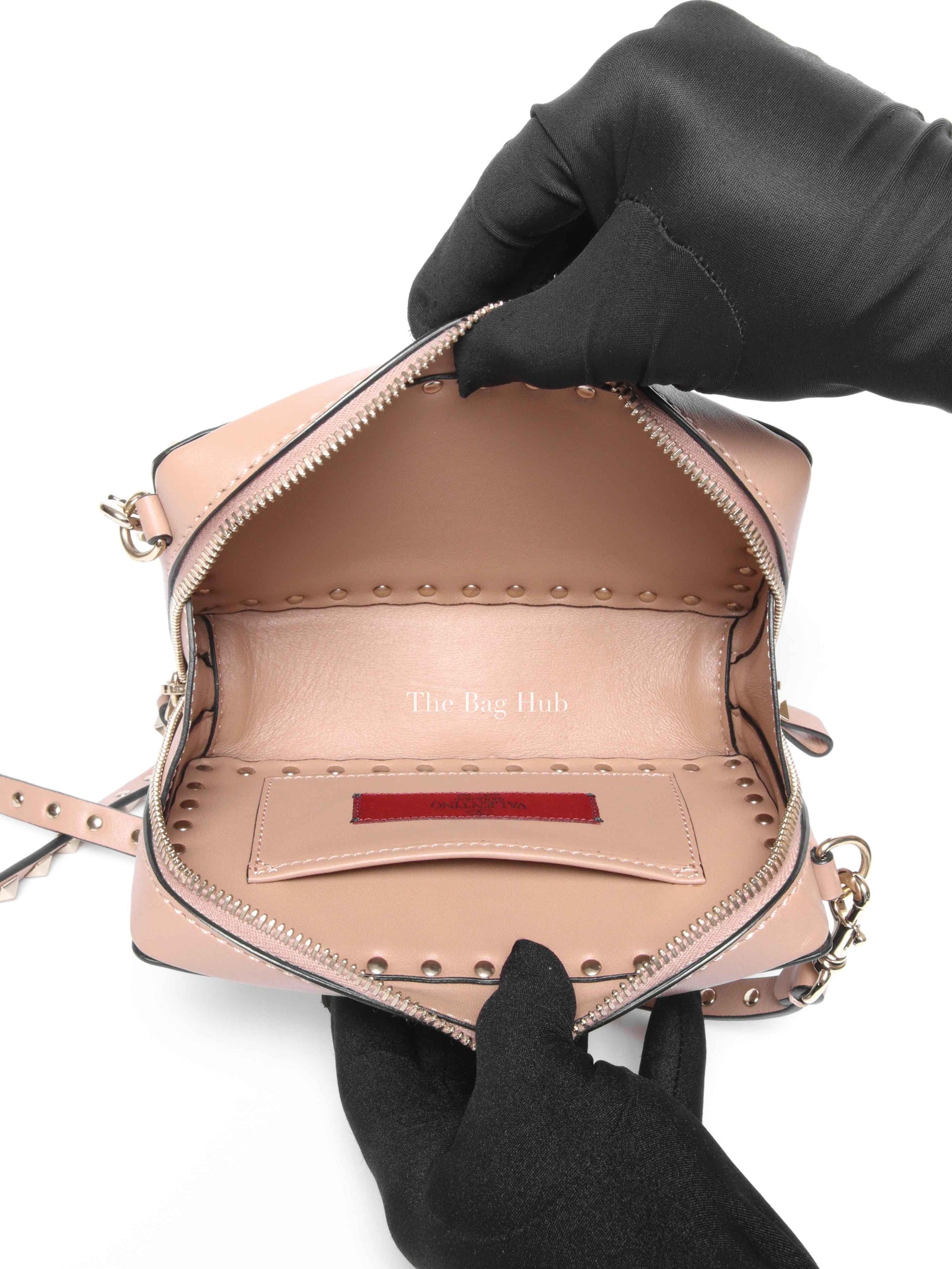 Valentino Beige/Pink Calfskin Rockstud Camera Clutch Crossbody Bag