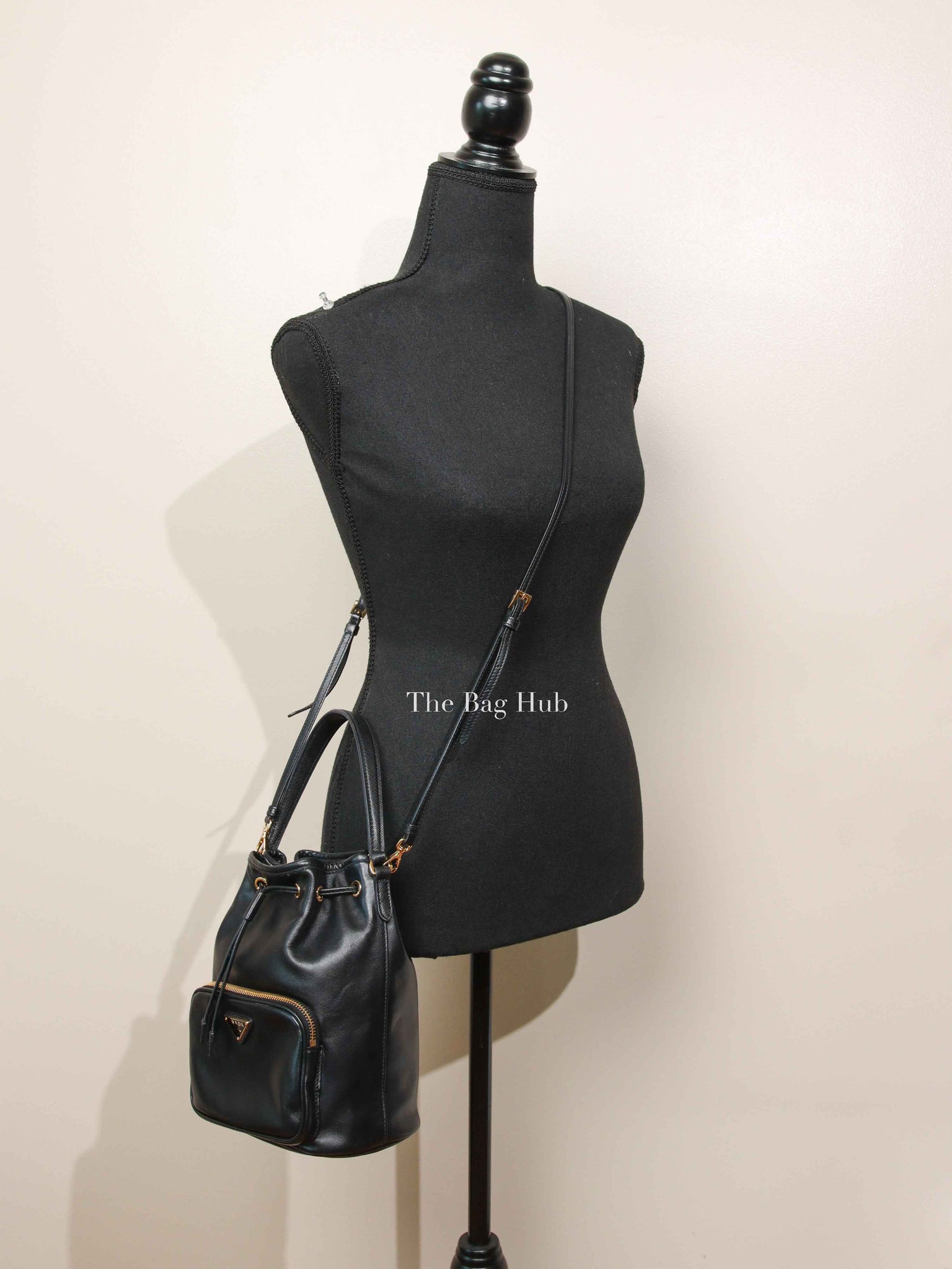 Prada Black Light Calf Duet Bucket Shoulder Bag