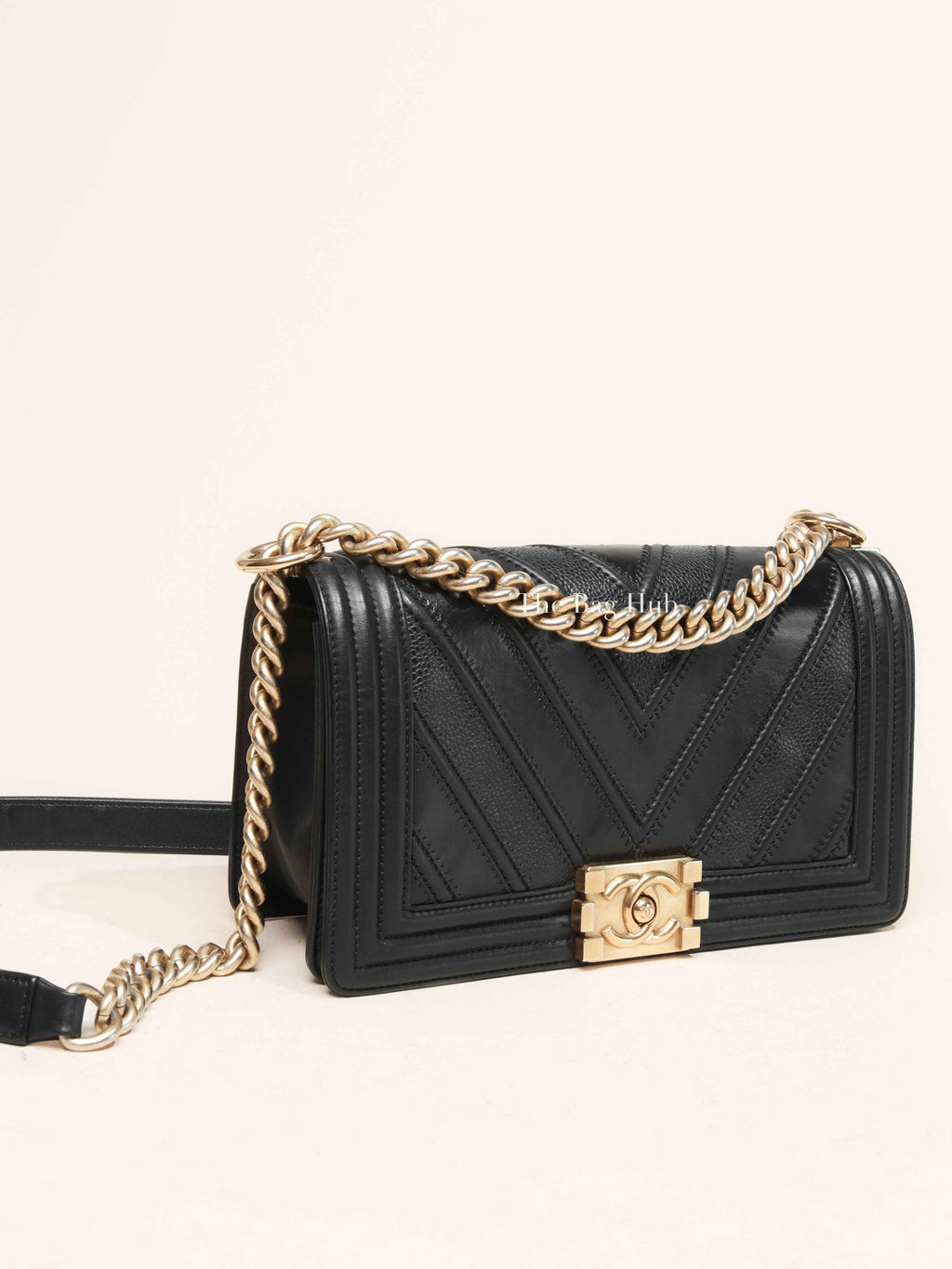 Chanel Black Calfskin Caviar In The Mix Chevron Old Medium Le Boy Flap Bag GHW