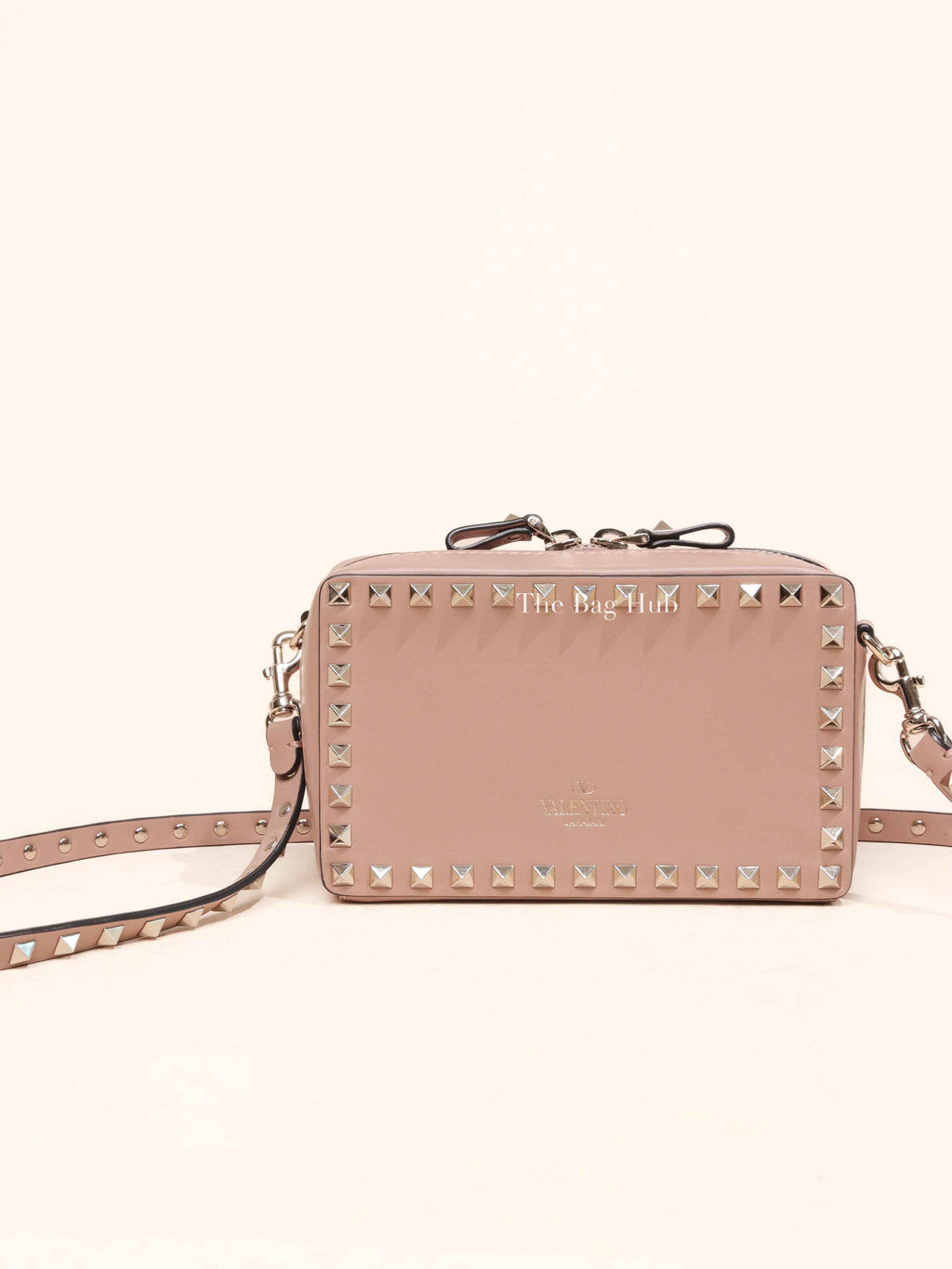 Valentino Beige/Pink Calfskin Rockstud Camera Clutch Crossbody Bag