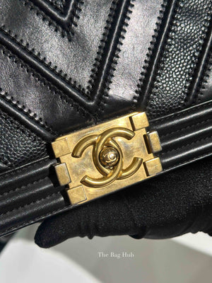 Chanel Black Calfskin Caviar In The Mix Chevron Old Medium Le Boy Flap Bag GHW
