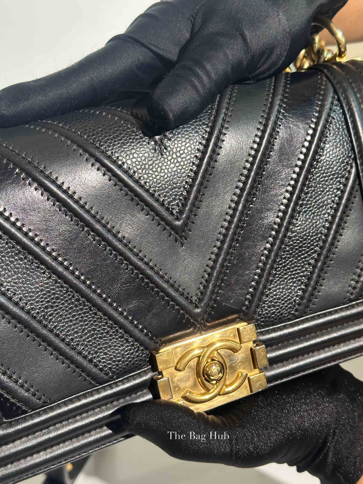 Chanel Black Calfskin Caviar In The Mix Chevron Old Medium Le Boy Flap Bag GHW