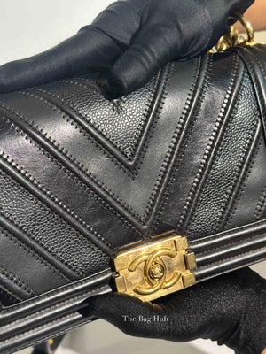 Chanel Black Calfskin Caviar In The Mix Chevron Old Medium Le Boy Flap Bag GHW