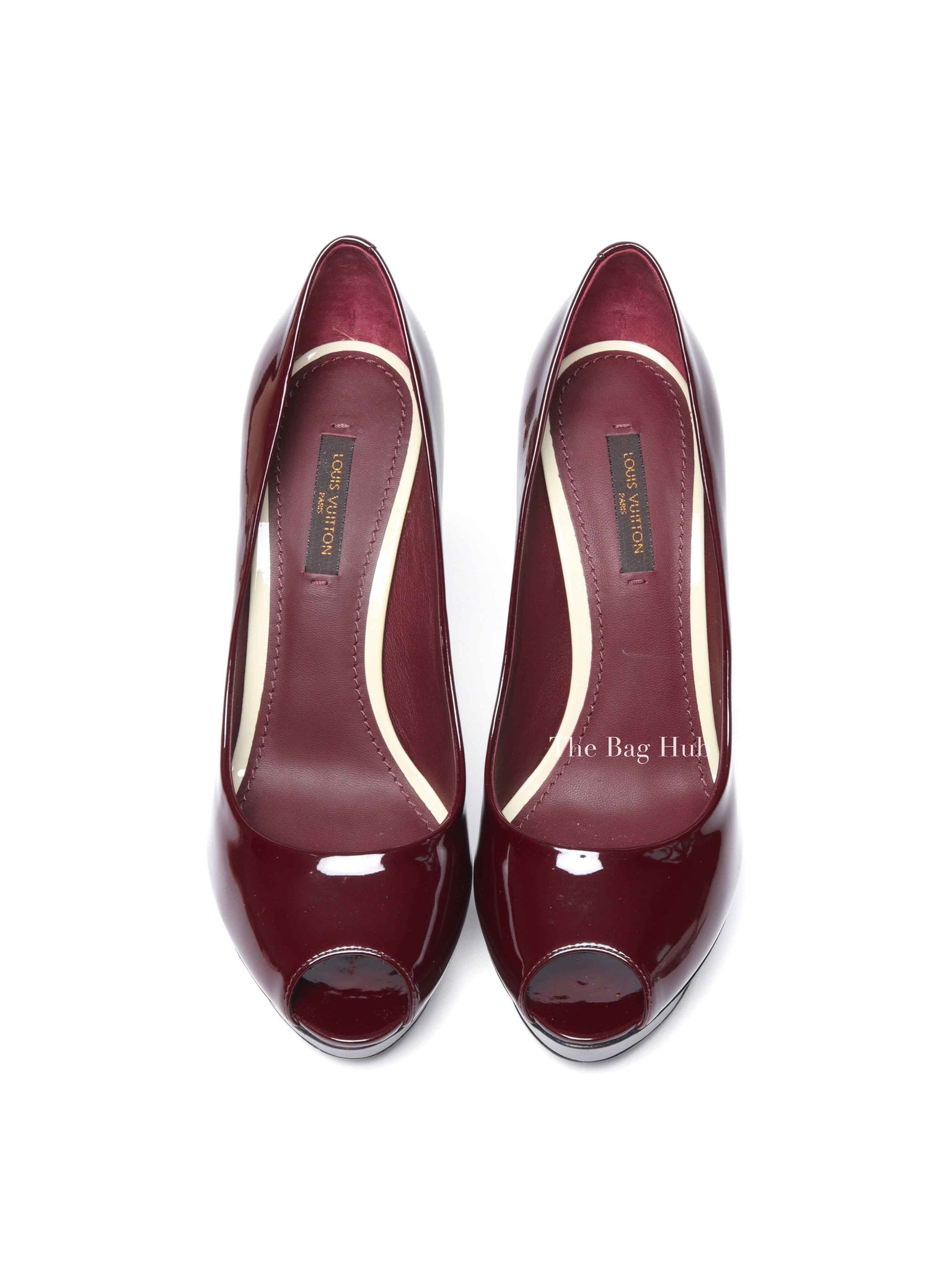 Louis Vuitton Burgundy Patent Leather Eyeline Peep Toe Pumps Size 36.5