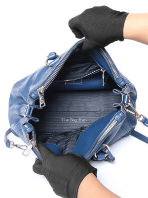 Prada Blue Soft Calf Double Zip Shoulder Bag