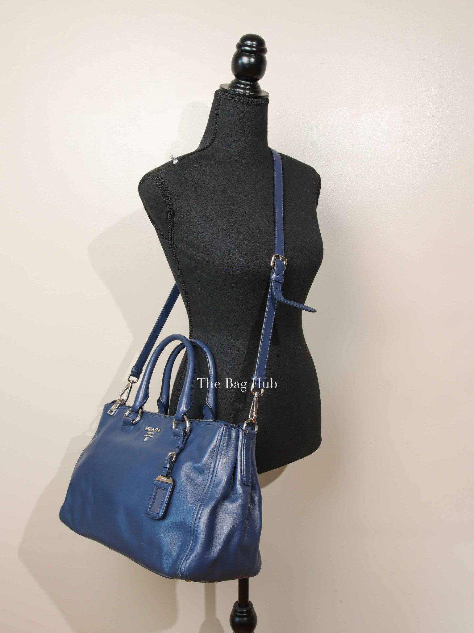 Prada Blue Soft Calf Double Zip Shoulder Bag