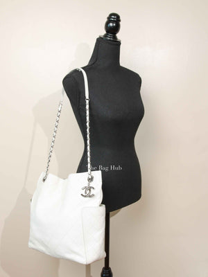 Chanel White Caviar Stitched CC Pocket Tote Bag