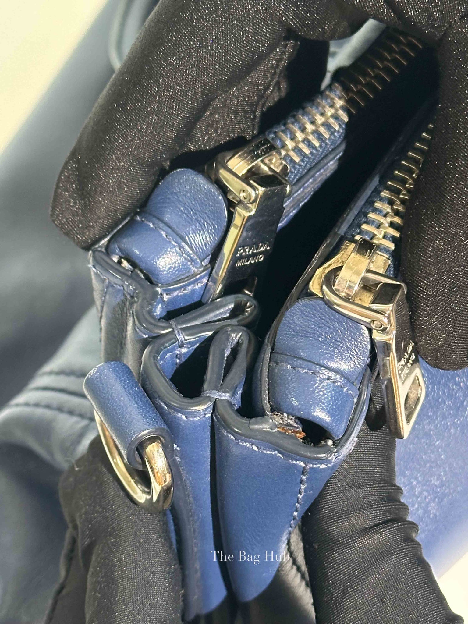 Prada Blue Soft Calf Double Zip Shoulder Bag