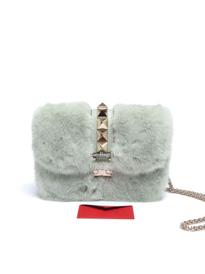 Valentino Mint Green Fur Glam Lock Rockstud Flap Bag