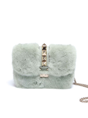 Valentino Mint Green Fur Glam Lock Rockstud Flap Bag
