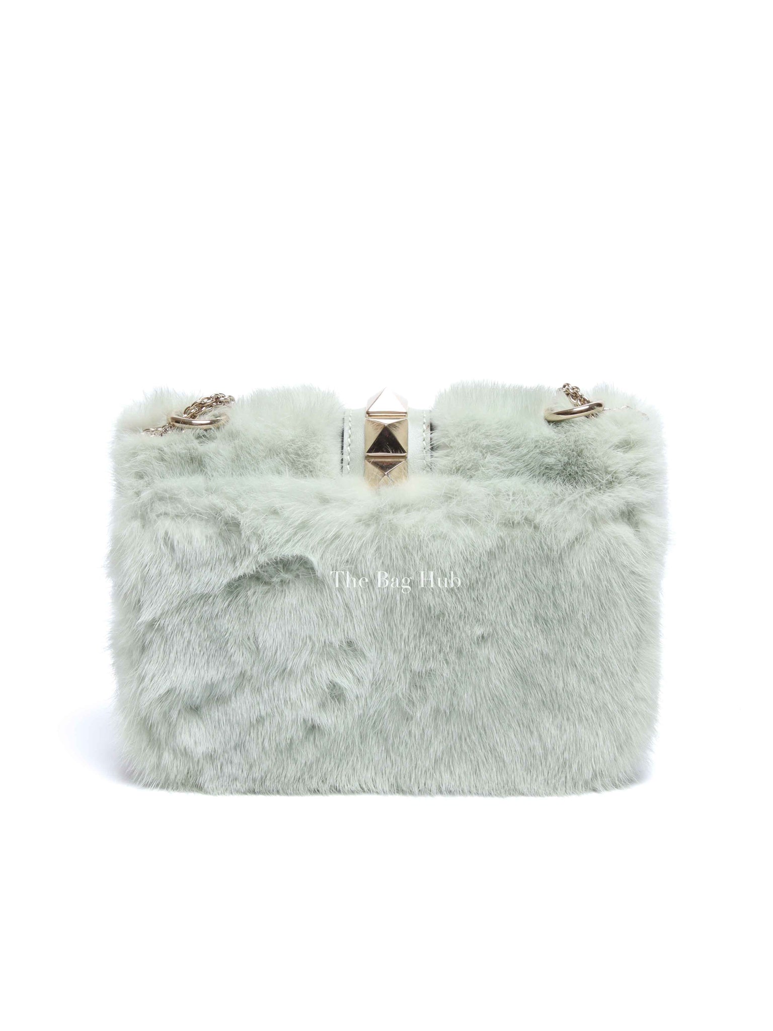 Valentino Mint Green Fur Glam Lock Rockstud Flap Bag
