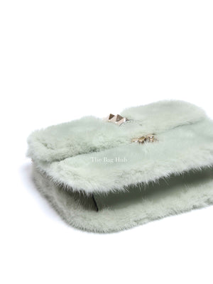 Valentino Mint Green Fur Glam Lock Rockstud Flap Bag