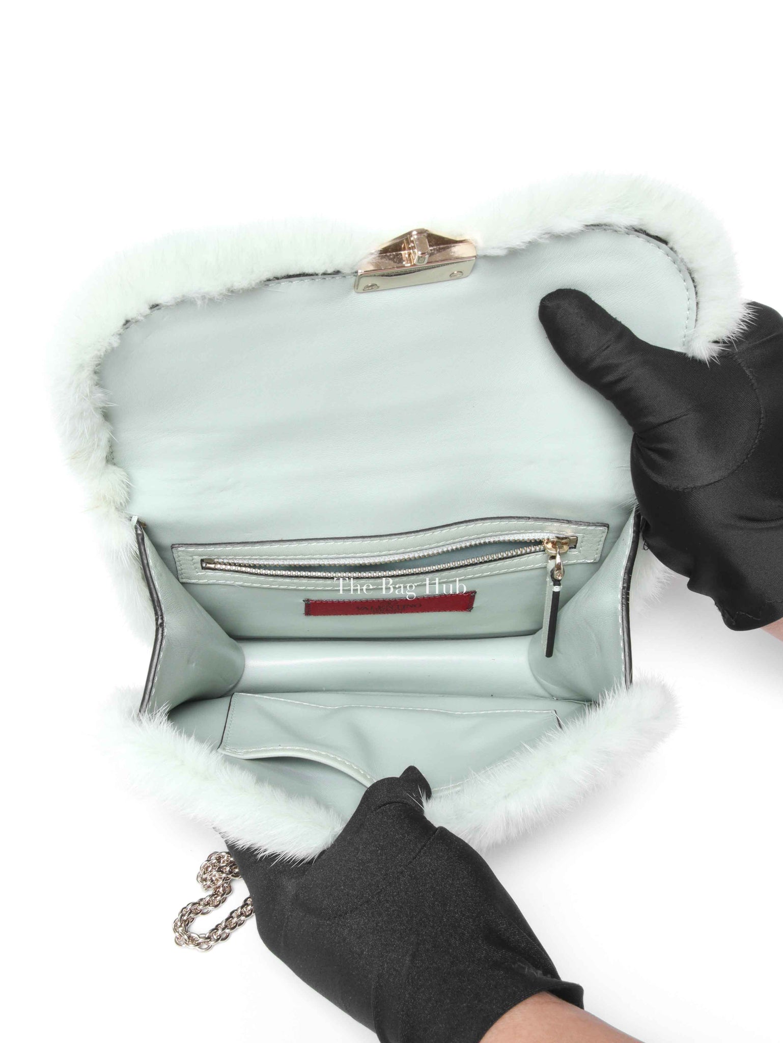 Valentino Mint Green Fur Glam Lock Rockstud Flap Bag