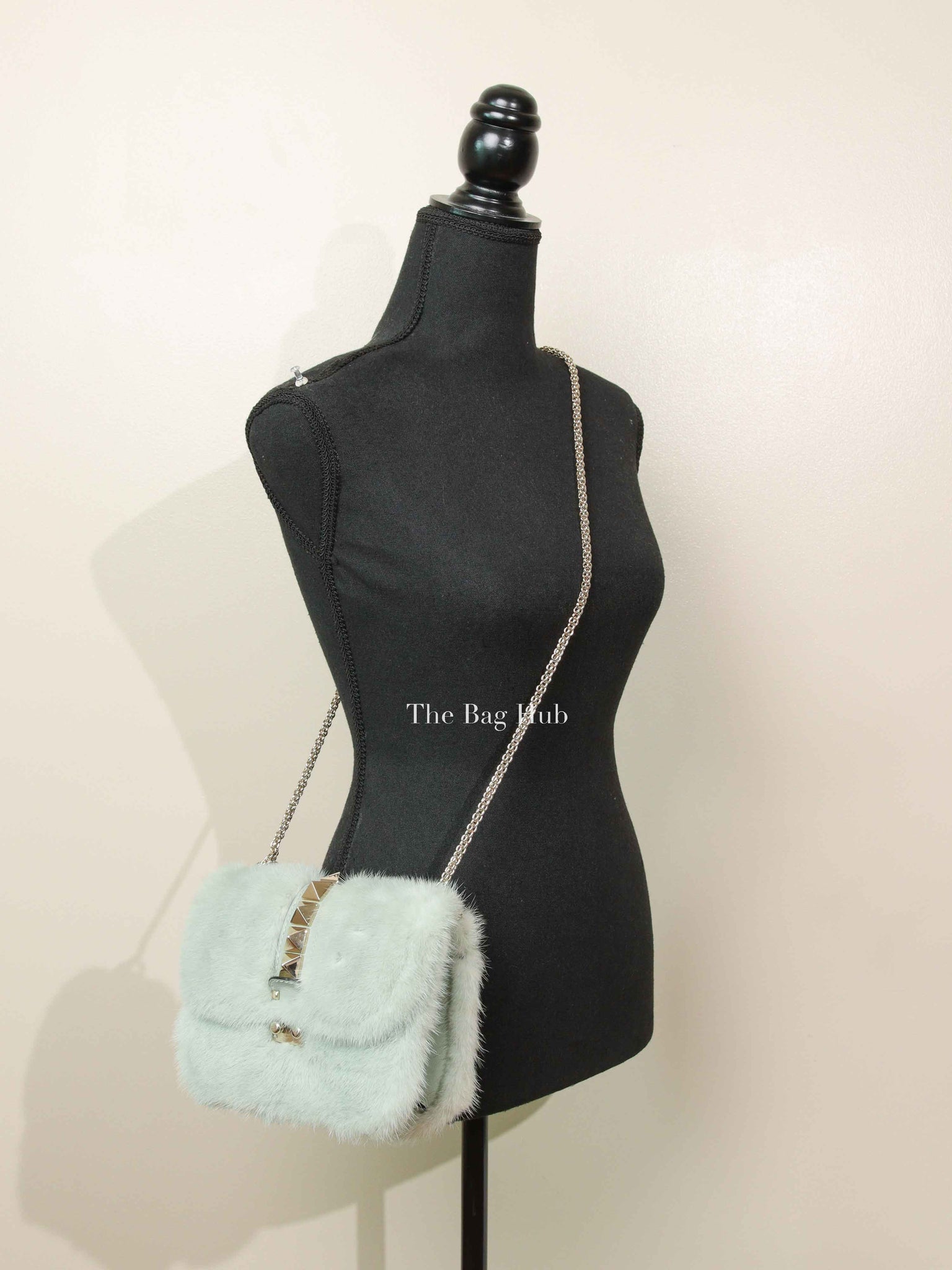 Valentino Mint Green Fur Glam Lock Rockstud Flap Bag