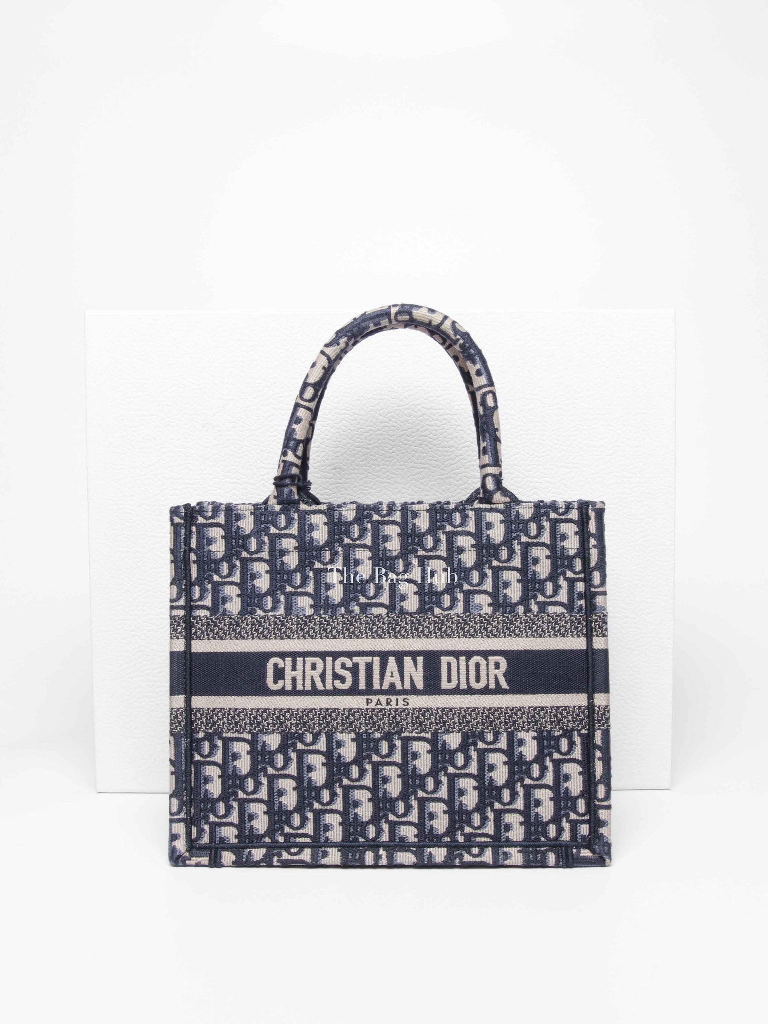 Dior Ecru and Blue Oblique Embroidery Small Book Tote Bag