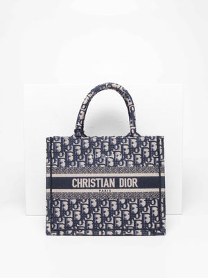 Dior Ecru and Blue Oblique Embroidery Small Book Tote Bag