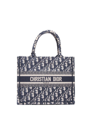 Dior Ecru and Blue Oblique Embroidery Small Book Tote Bag