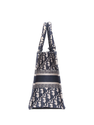 Dior Ecru and Blue Oblique Embroidery Small Book Tote Bag