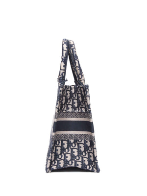 Dior Ecru and Blue Oblique Embroidery Small Book Tote Bag