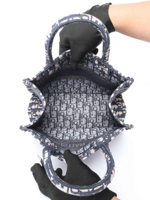 Dior Ecru and Blue Oblique Embroidery Small Book Tote Bag