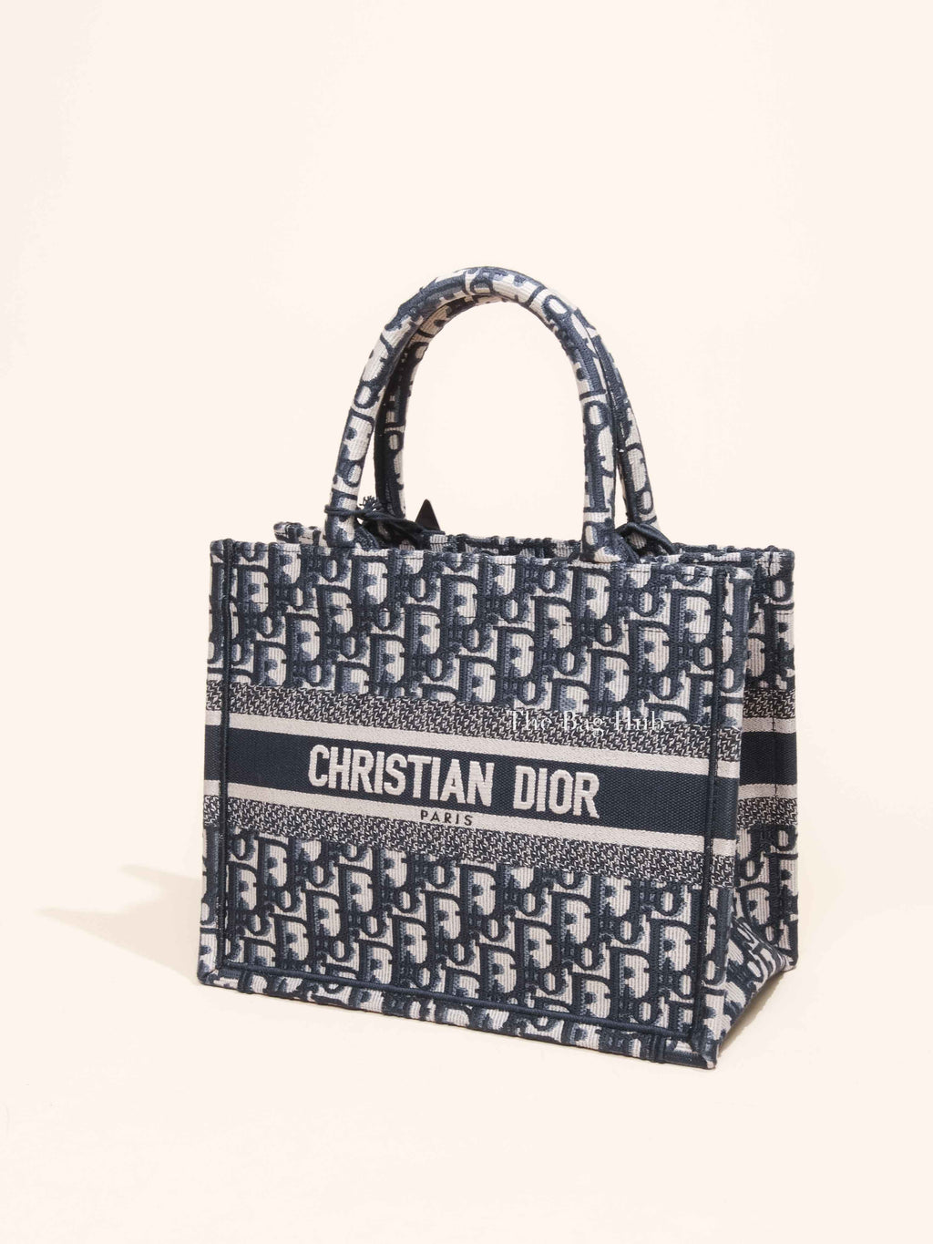 Dior Ecru and Blue Oblique Embroidery Small Book Tote Bag