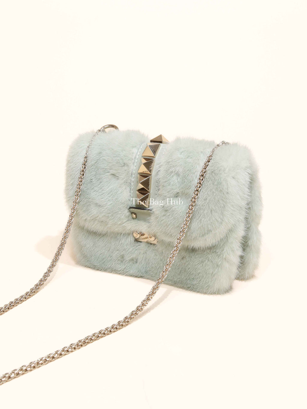 Valentino Mint Green Fur Glam Lock Rockstud Flap Bag
