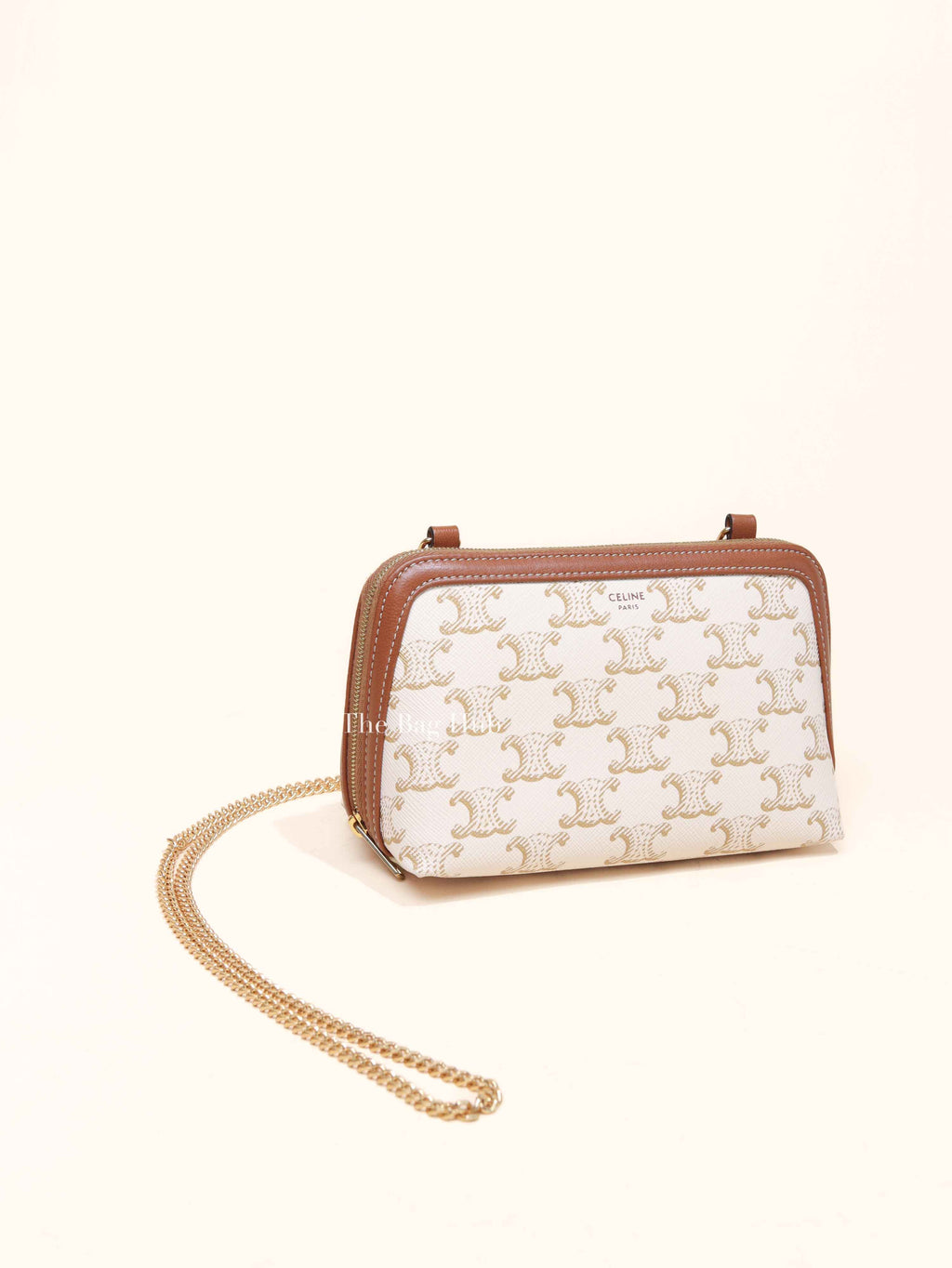 Celine White/Tan Lambskin Canvas Triomphe Clutch on Chain