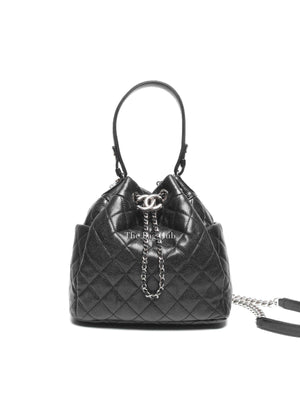 Chanel Black Caviar Quilted CC Drawstring Chain Small Bucket Bag SHW