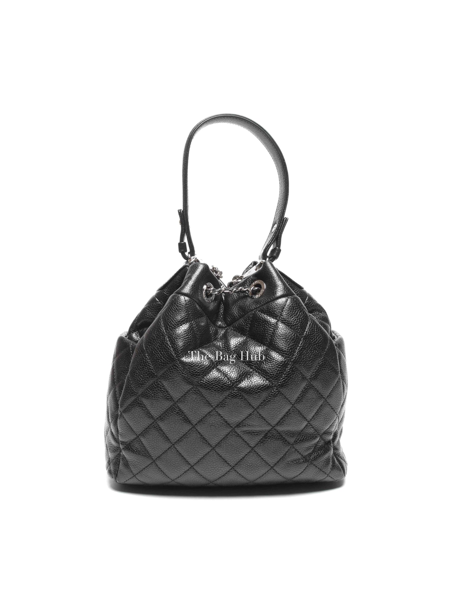 Chanel Black Caviar Quilted CC Drawstring Chain Small Bucket Bag SHW