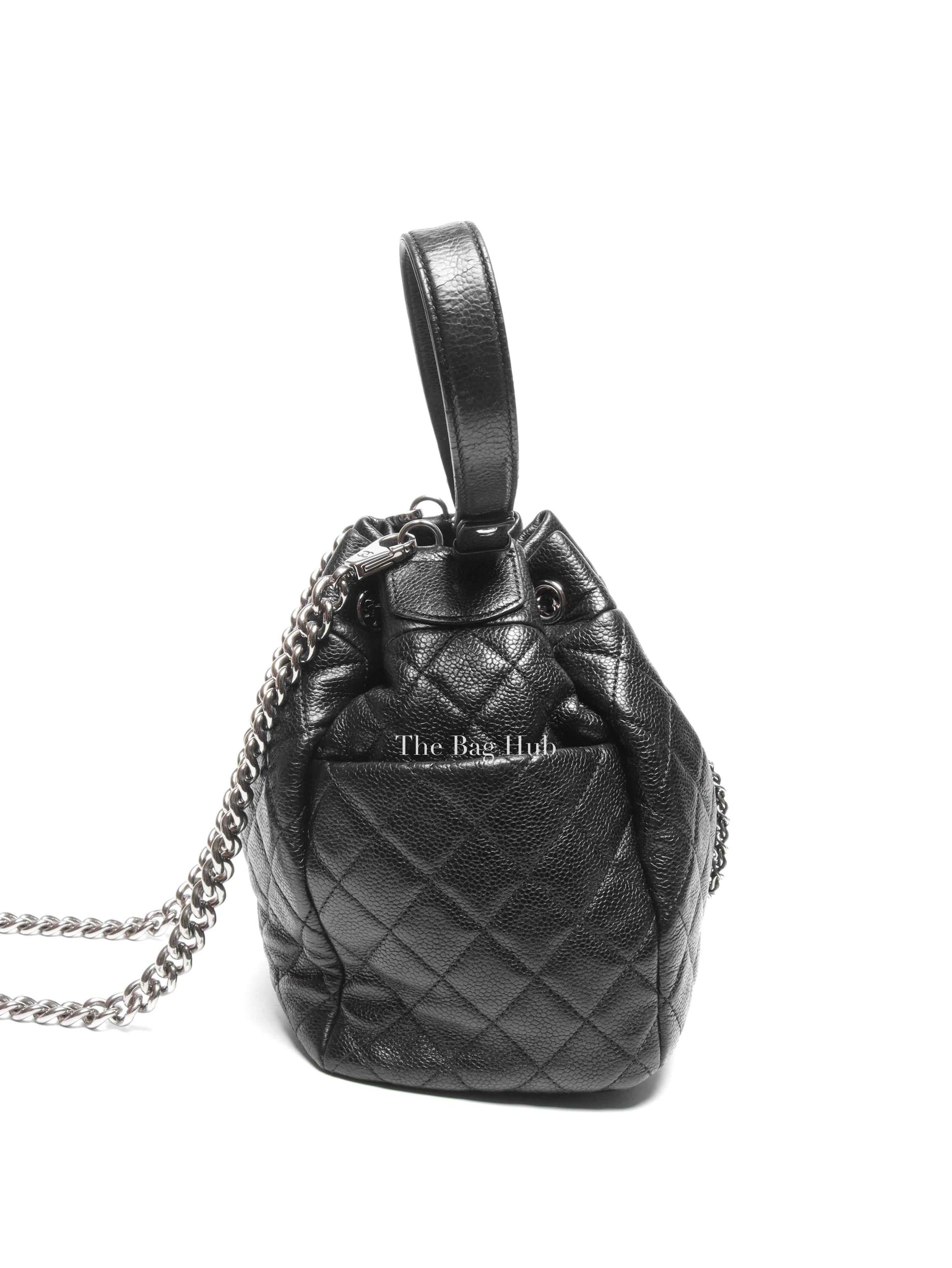 Chanel Black Caviar Quilted CC Drawstring Chain Small Bucket Bag SHW