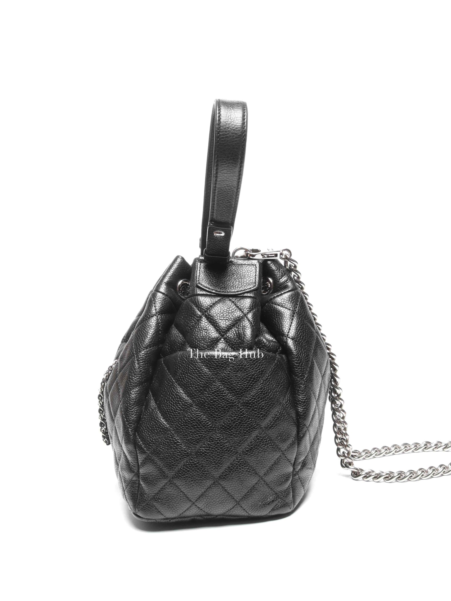 Chanel Black Caviar Quilted CC Drawstring Chain Small Bucket Bag SHW