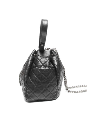 Chanel Black Caviar Quilted CC Drawstring Chain Small Bucket Bag SHW