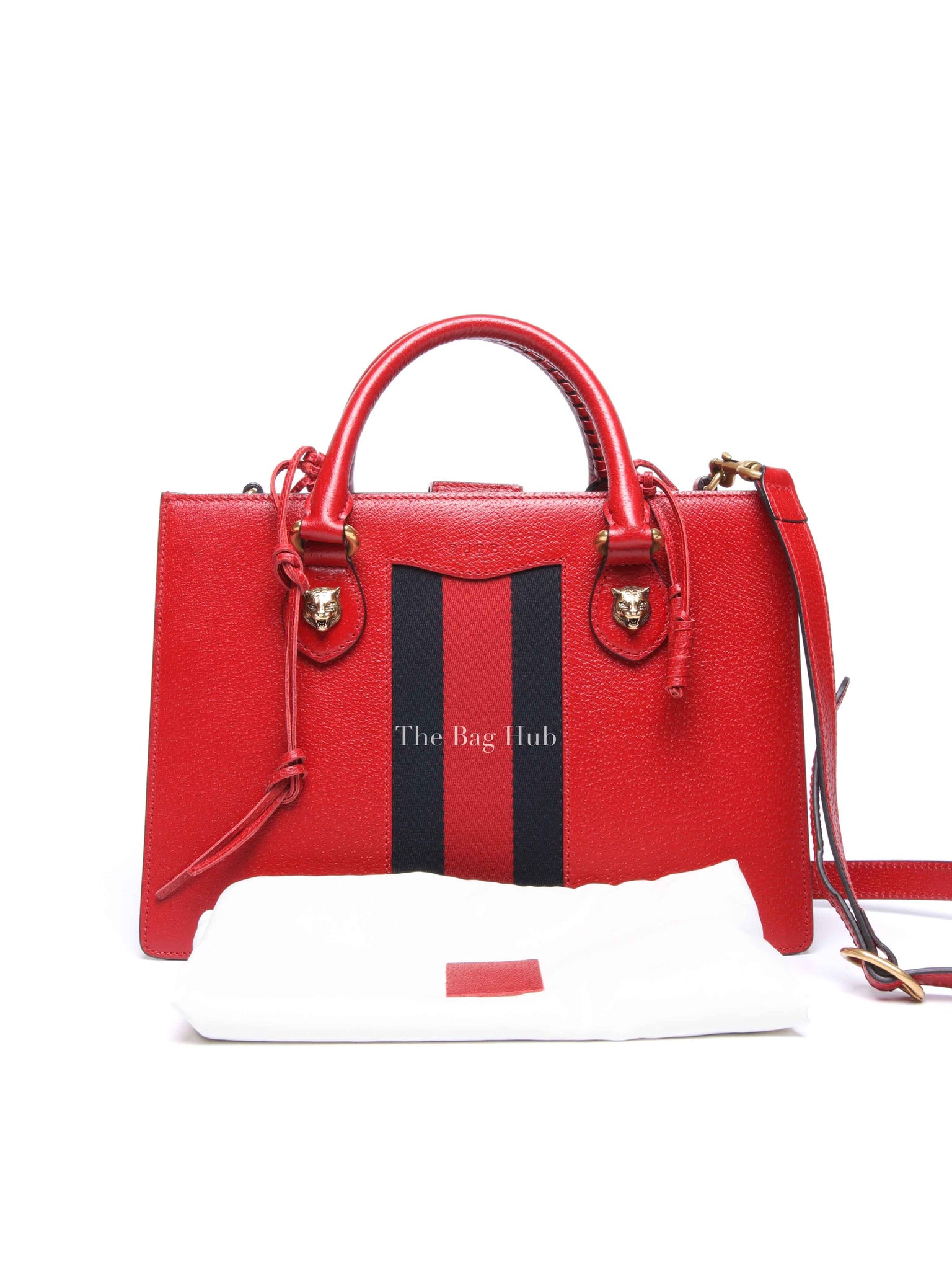 Gucci Red Grained Calfskin Web Medium Animalier Top Handle Tote Bag