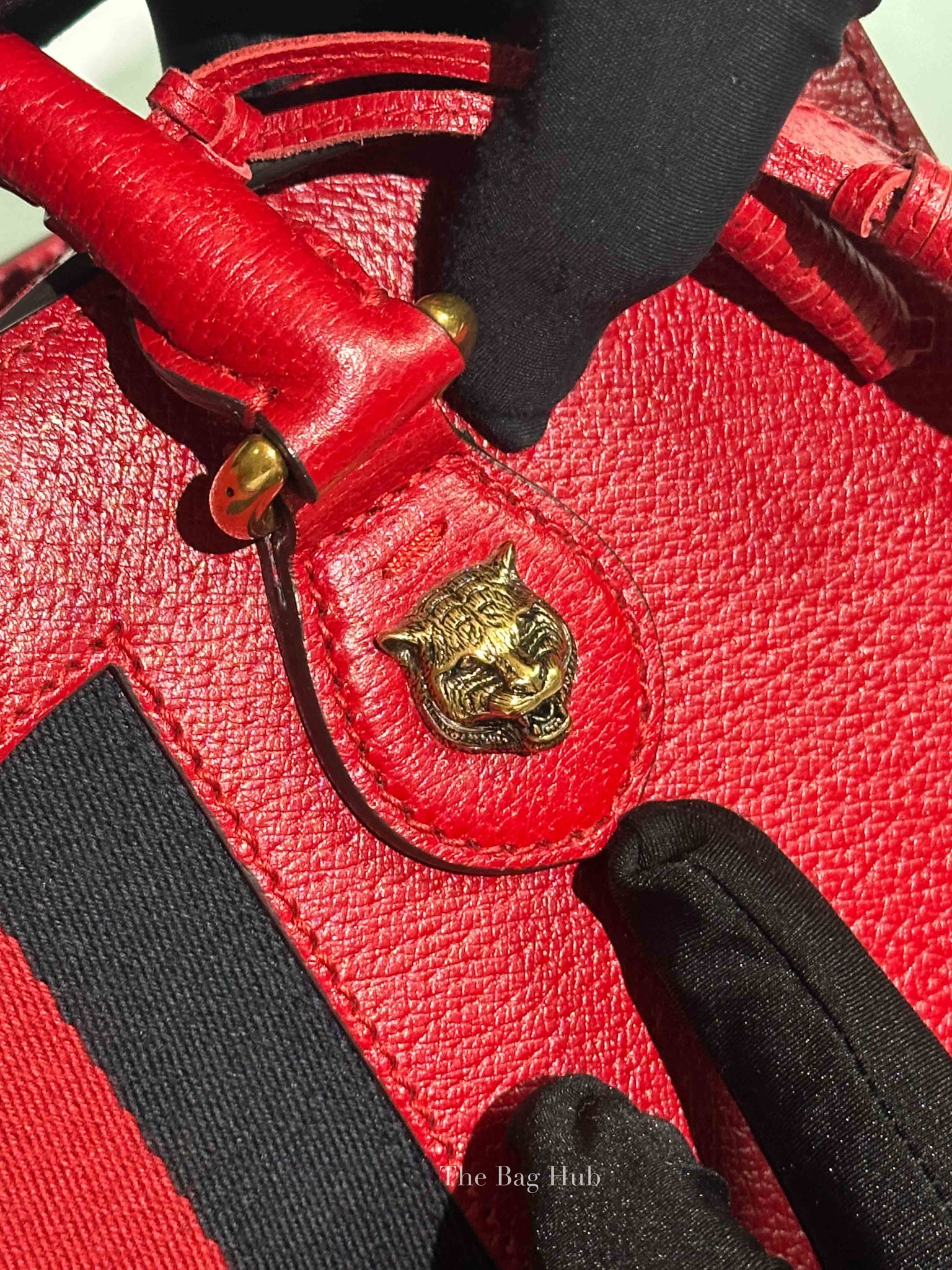 Gucci Red Grained Calfskin Web Medium Animalier Top Handle Tote Bag
