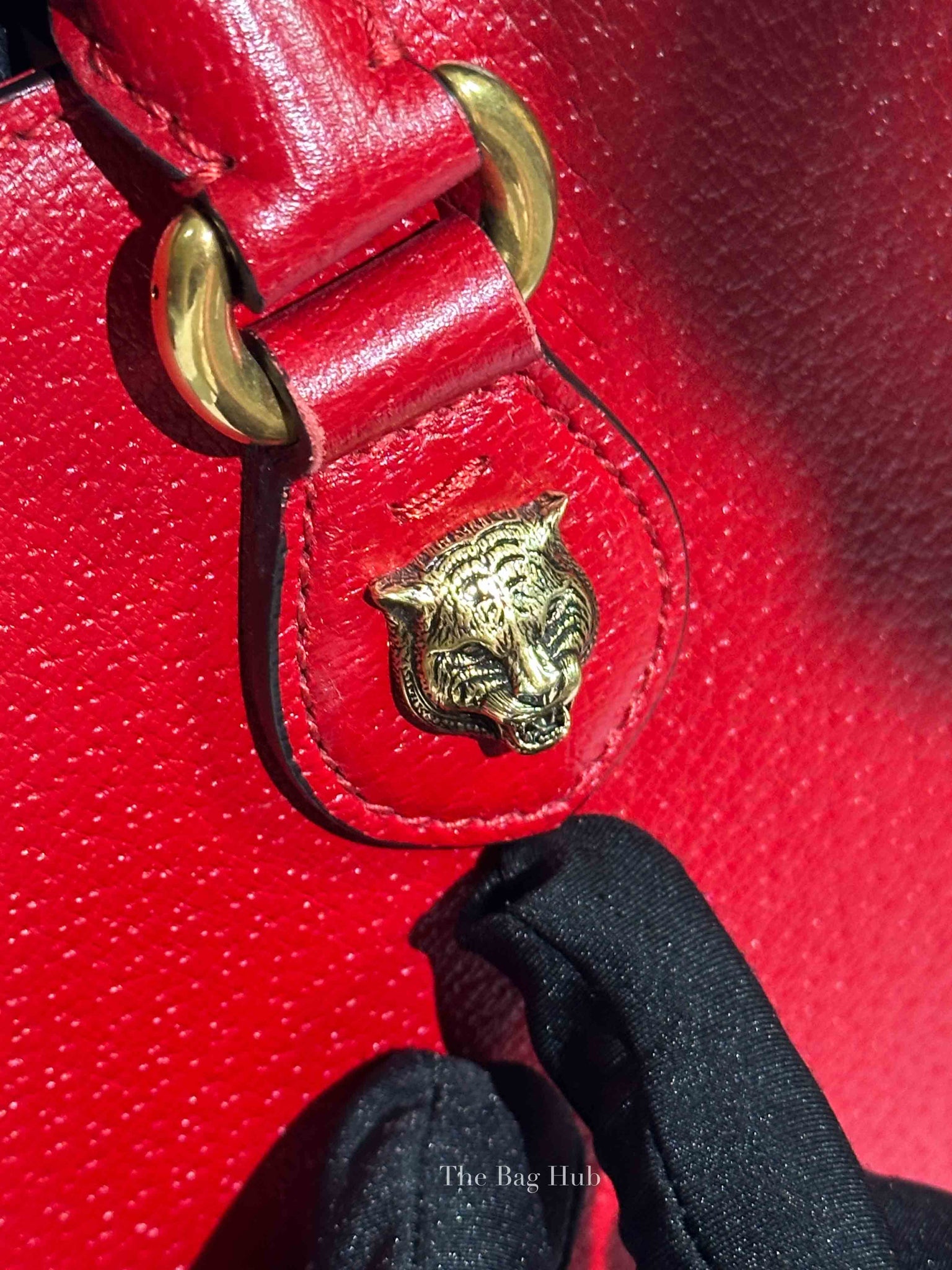 Gucci Red Grained Calfskin Web Medium Animalier Top Handle Tote Bag