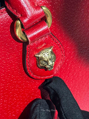 Gucci Red Grained Calfskin Web Medium Animalier Top Handle Tote Bag