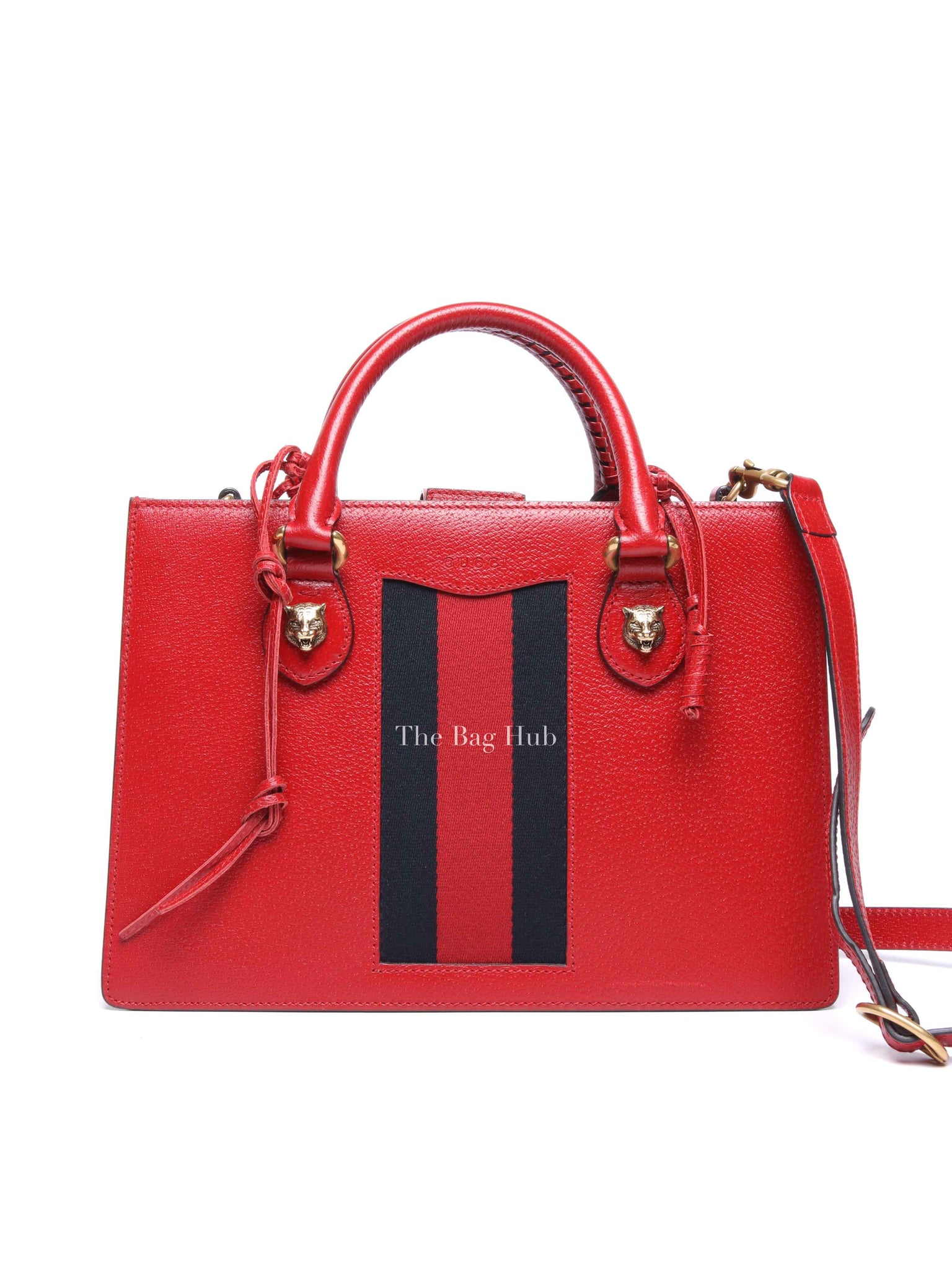 Gucci Red Grained Calfskin Web Medium Animalier Top Handle Tote Bag
