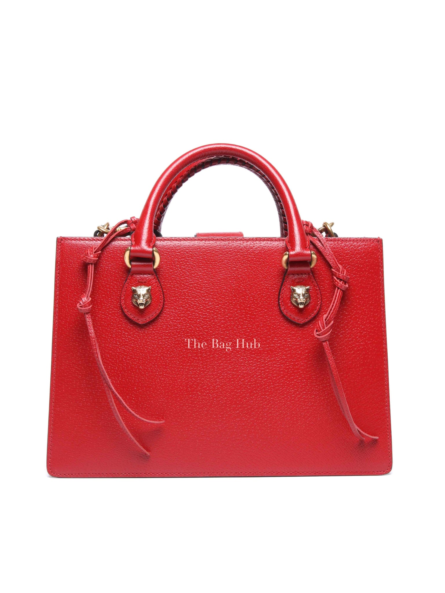Gucci Red Grained Calfskin Web Medium Animalier Top Handle Tote Bag