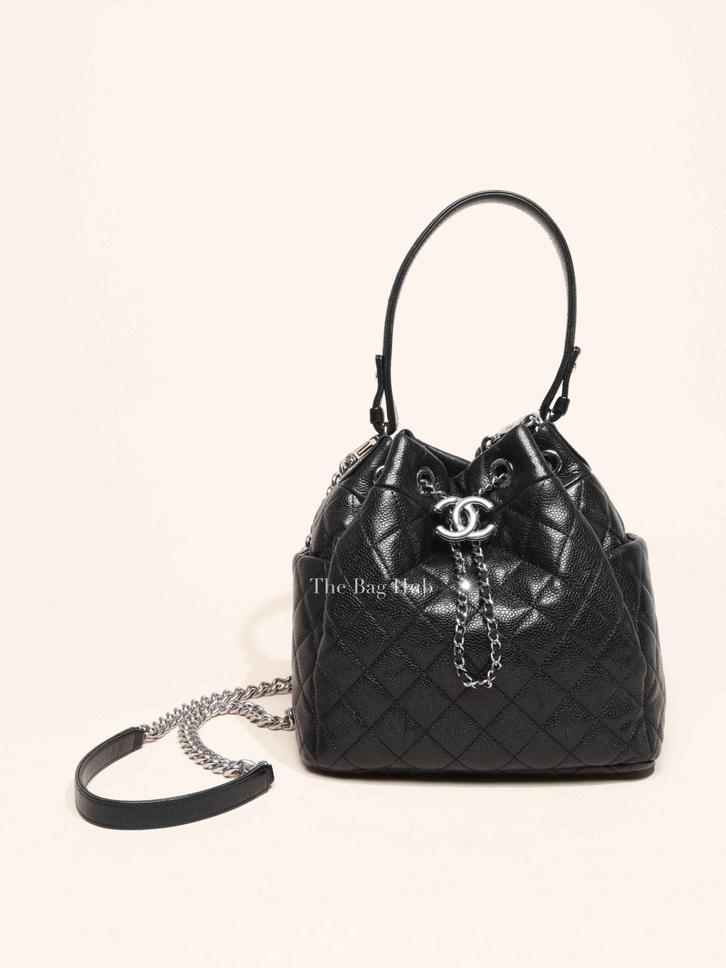 Chanel Black Caviar Quilted CC Drawstring Chain Small Bucket Bag SHW