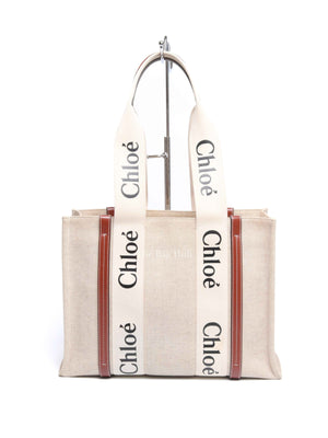 Chloe Brown Linen Canvas Medium Woody Tote Bag