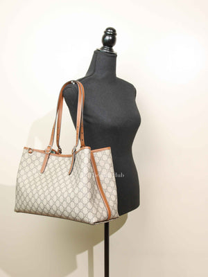 Gucci Beige/Dark Brown GG Supreme Monogram Canvas Emblem Large Tote Bag