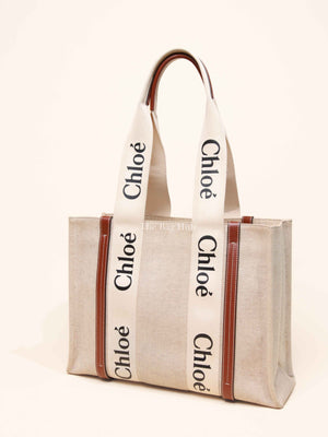 Chloe Brown Linen Canvas Medium Woody Tote Bag